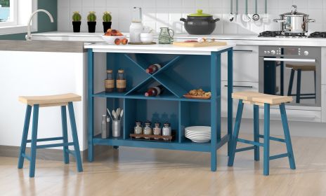 Farmhouse 3-piece Wood Stationary Kitchen Island Set with 2 Seatings, Dining Table Set with Shelves and Wine Rack for Small Places,Blue Frame+White To