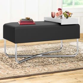 Pouffe with Rectangular Fabric Seat and Inbuilt Wooden Tray; Black and White; DunaWest