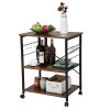 Simple Wood Kitchen Cart with 3-Tier Storage Space, Movable Microwave Stand with 10 Hooks - Brown and Frosted Black XH