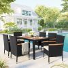 7-Piece Outdoor Patio Dining Set, Garden PE Rattan Wicker Dining Table and Chairs Set, Acacia Wood Tabletop, Stackable Armrest Chairs with Cushions